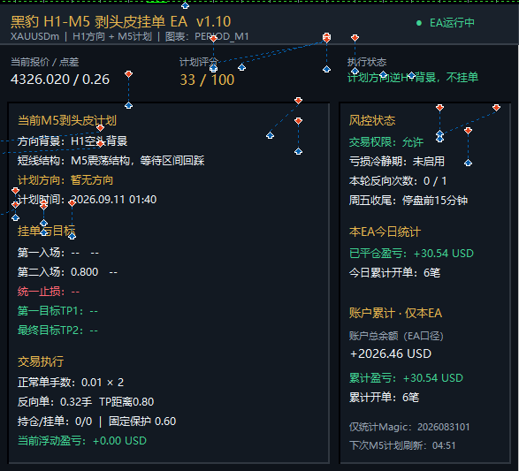 【黑豹挂单剥头皮（5分钟）一单一结】每隔5分钟自动生成交易计划，一单一结，单单带止损的！MT5-EA交易综合站